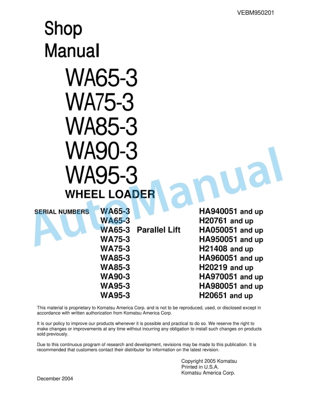Komatsu WA65-3, WA75-3, WA85-3, WA90-3, WA95-3 Wheel Loader Shop Manual VEBM950201