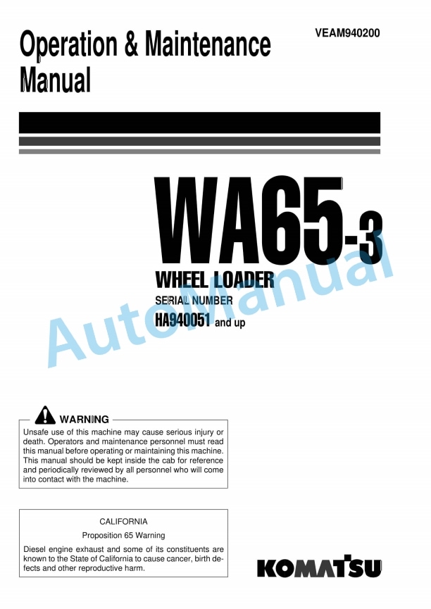 Komatsu WA65-3 Wheel Loader Operation and Maintenance Manual VEAM940200