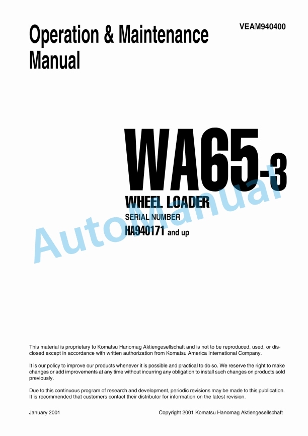 Komatsu WA65-3 Wheel Loader Operation and Maintenance Manual VEAM940400