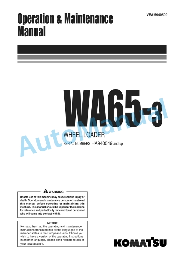 Komatsu WA65-3 Wheel Loader Operation and Maintenance Manual VEAM940500