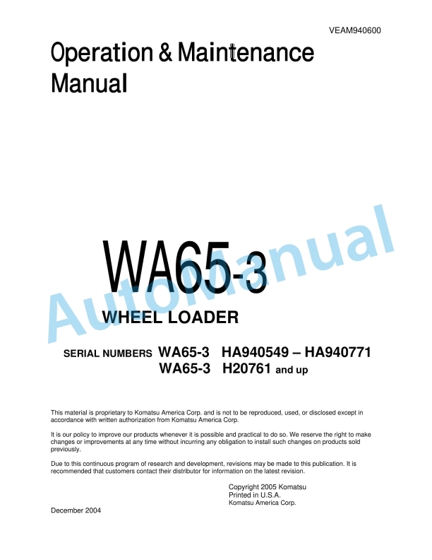Komatsu WA65-3 Wheel Loader Operation and Maintenance Manual VEAM940600