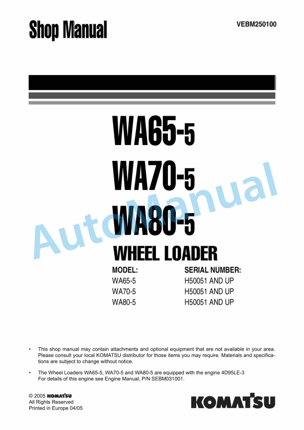 Komatsu WA65-5, WA70-5, WA80-5 Wheel Loader Shop Manual VEBM250100