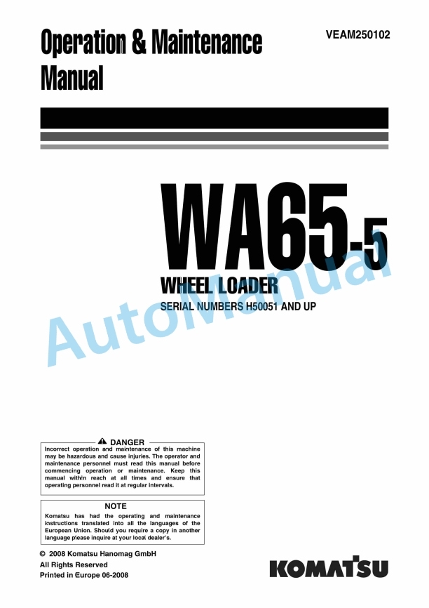 Komatsu WA65-5 Wheel Loader Operation and Maintenance Manual VEAM250102
