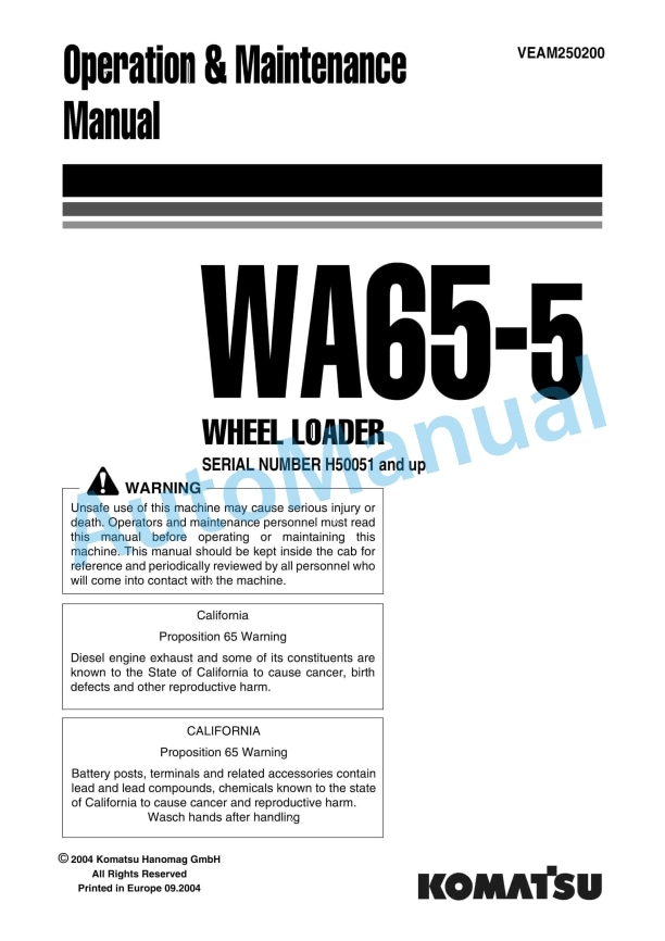 Komatsu WA65-5 Wheel Loader Operation and Maintenance Manual VEAM250200