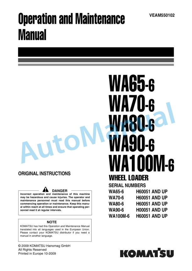 Komatsu WA65-6, WA70-6, WA80-6, WA90-6, WA100M-6 Wheel Loader Operation and Maintenance Manual VEAM550102