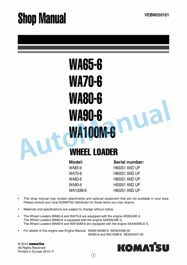 Komatsu WA65-6, WA70-6, WA80-6, WA90-6, WA100M-6 Wheel Loader Shop Manual VEBM550101
