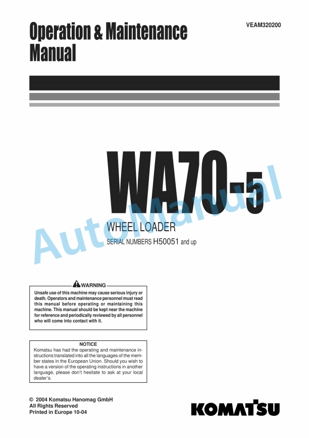 Komatsu WA70-5 Wheel Loader Operation and Maintenance Manual VEAM320200