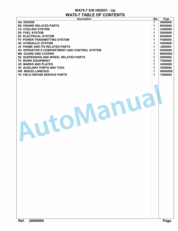Komatsu WA70-7 Parts Manual H62051-UP