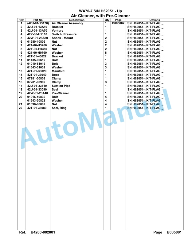 Komatsu WA70-7 Parts Manual H62051-UP-2