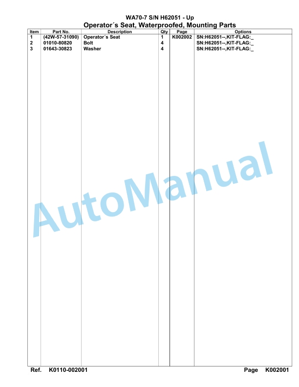Komatsu WA70-7 Parts Manual H62051-UP-4