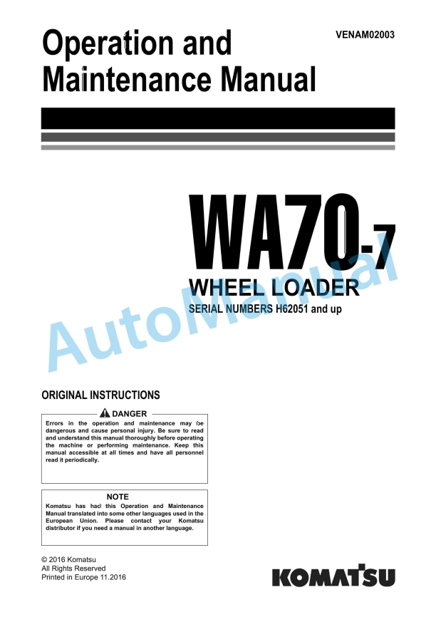 Komatsu WA70-7 Wheel Loader Operation and Maintenance Manual VENAM02003