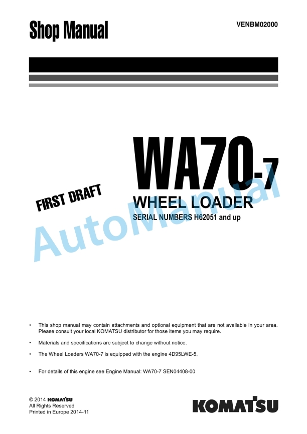 Komatsu WA70-7 Wheel Loader Shop Manual VENBM02000