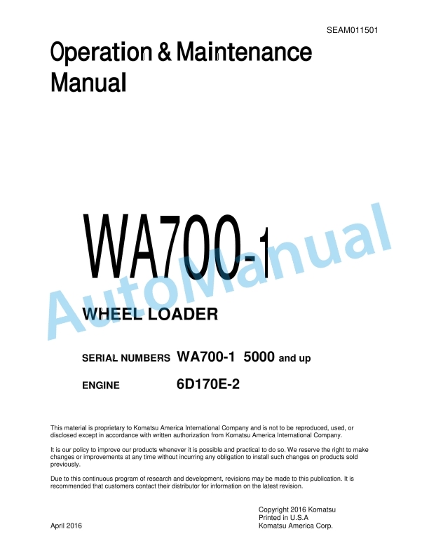 Komatsu WA700-1 Wheel Loader Operation and Maintenance Manual SEAM011501