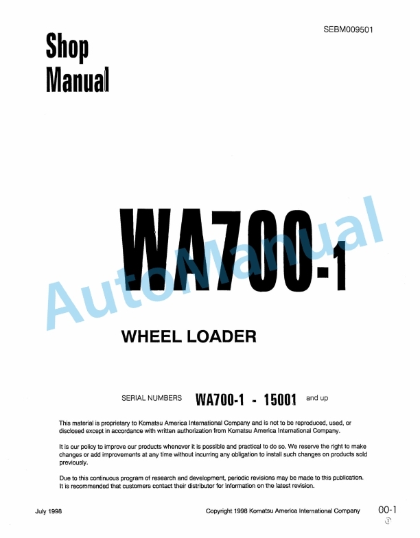 Komatsu WA700-1 Wheel Loader Shop Manual SEBM009501
