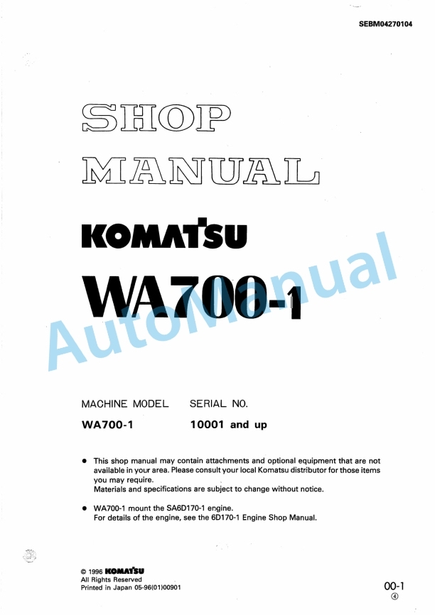 Komatsu WA700-1 Wheel Loader Shop Manual SEBM04270104
