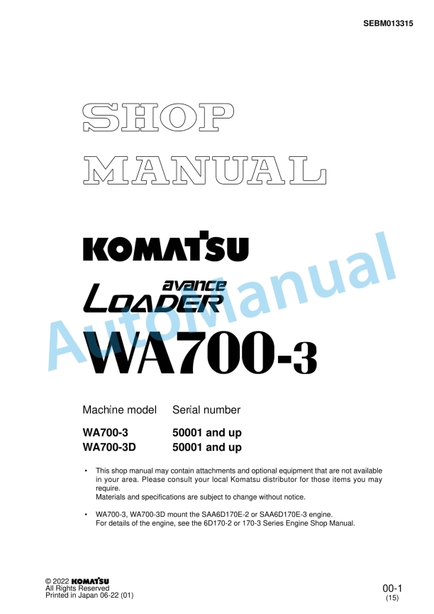 Komatsu WA700-3 Avance Loader Shop Manual SEBM013315