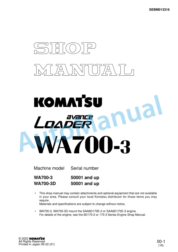 Komatsu WA700-3 Avance Loader Shop Manual SEBM013316