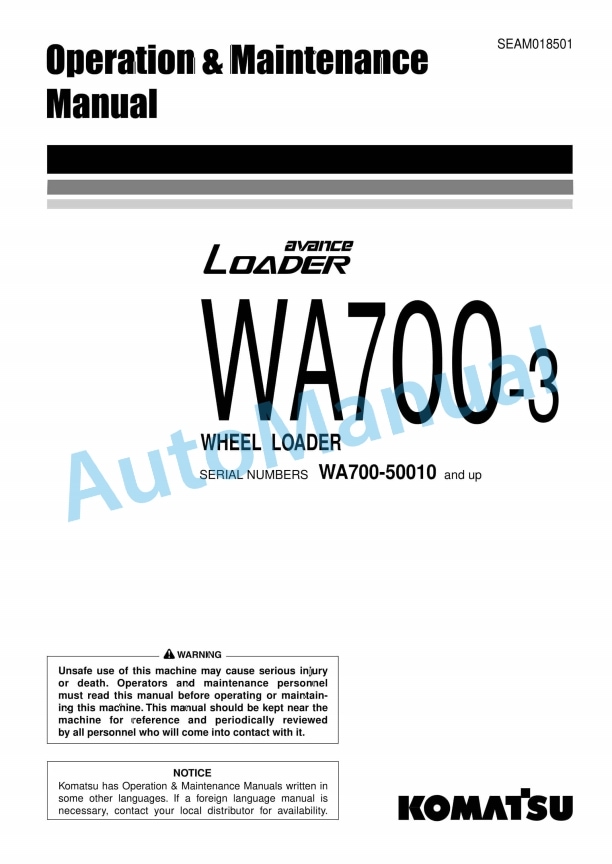 Komatsu WA700-3 Avance Wheel Loader Operation and Maintenance Manual SEAM018501