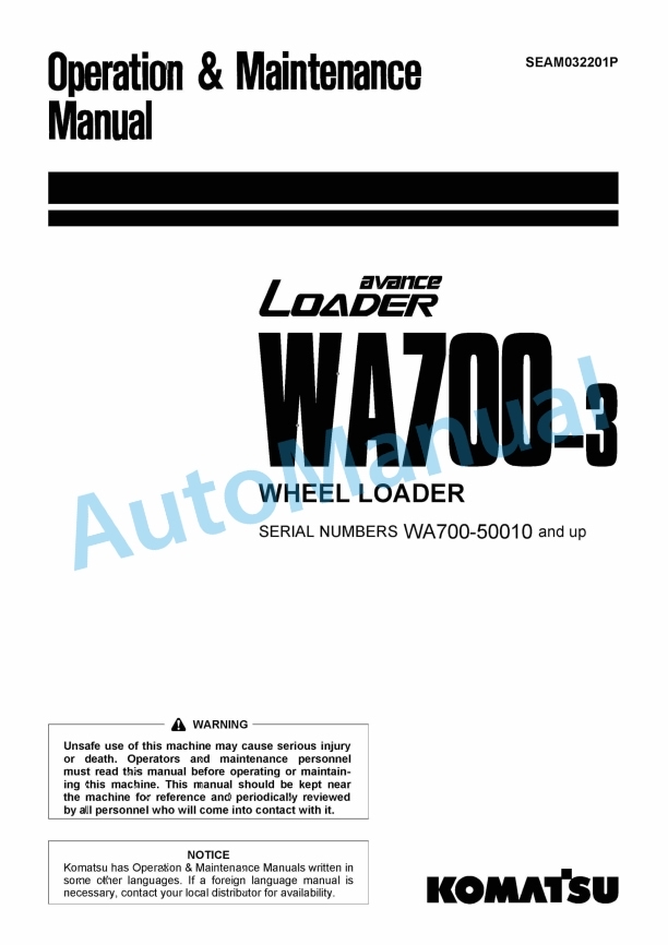 Komatsu WA700-3 Avance Wheel Loader Operation and Maintenance Manual SEAM032201P