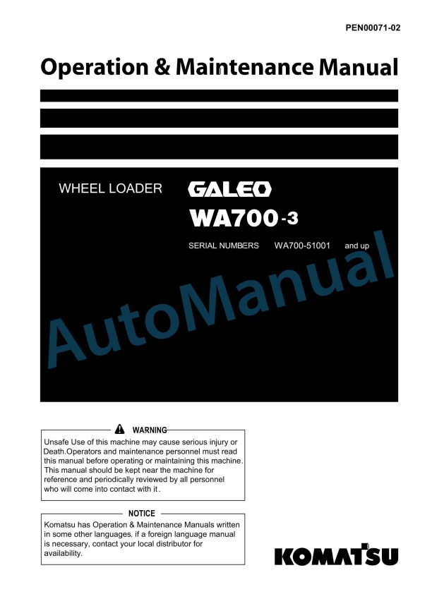 Komatsu WA700-3 Galeo Wheel Loader Operation and Maintenance Manual PEN00071-02