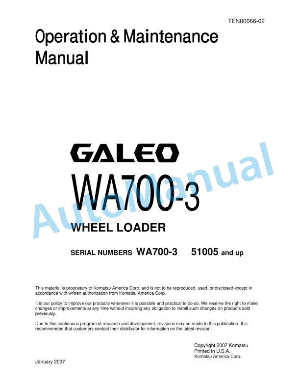Komatsu WA700-3 Galeo Wheel Loader Operation and Maintenance Manual TEN00066-02