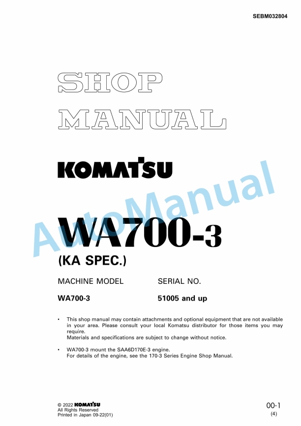 Komatsu WA700-3 KA Spec Wheel Loader Shop Manual SEBM032804