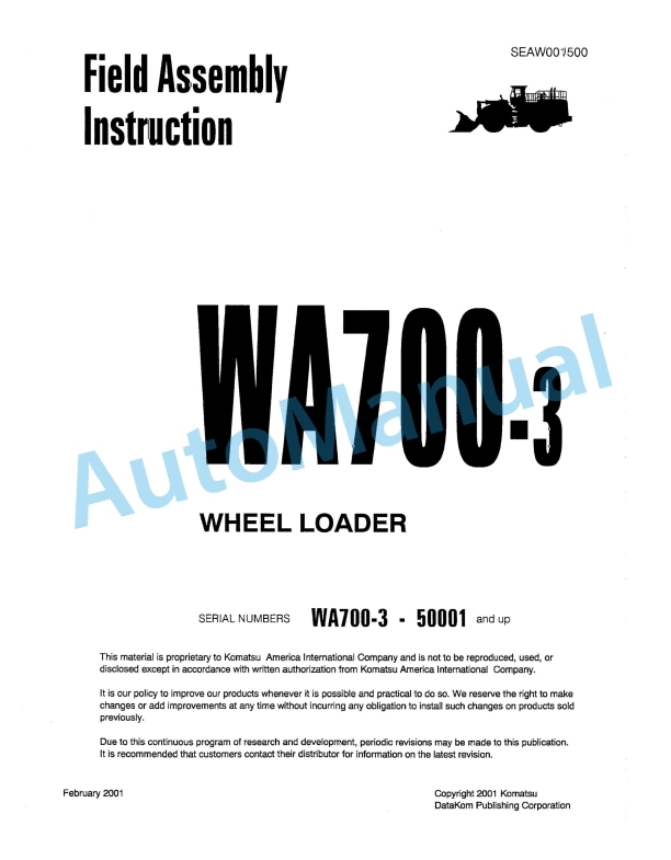 Komatsu WA700-3 Wheel Loader Field Assembly Manual SEAW001500