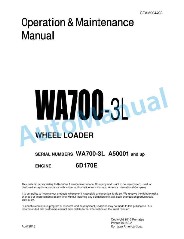 Komatsu WA700-3L Wheel Loader Operation and Maintenance Manual CEAM004402