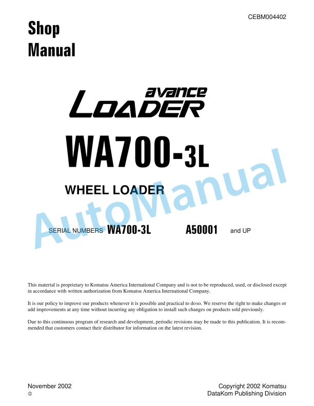 Komatsu WA700-3L Wheel Loader Shop Manual CEBM004402