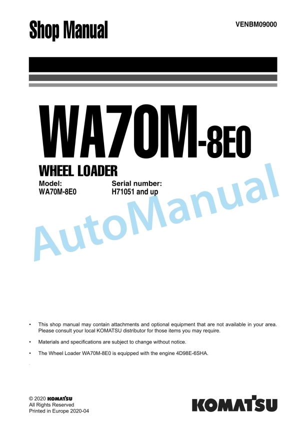 Komatsu WA70M-8E0 Wheel Loader Shop Manual VENBM09000
