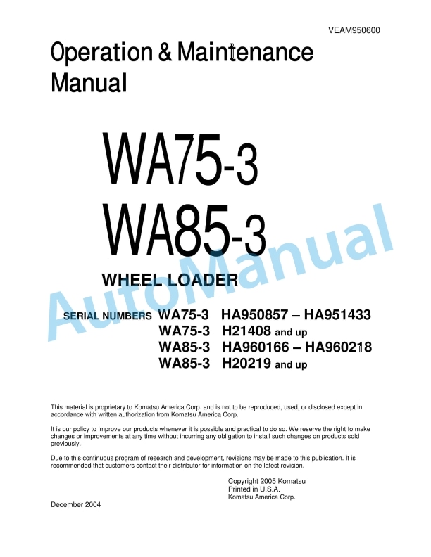 Komatsu WA75-3, WA85-3 Wheel Loader Operation and Maintenance Manual VEAM950600
