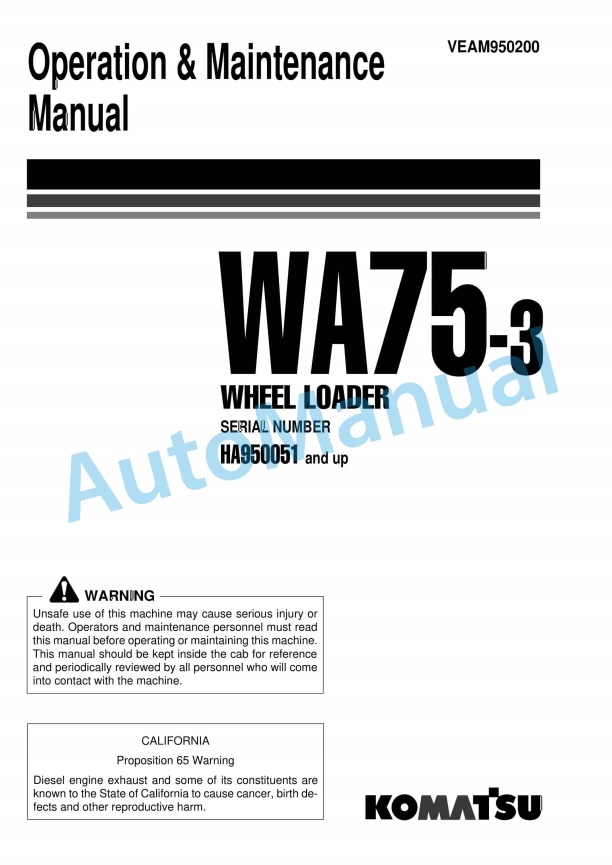 Komatsu WA75-3 Wheel Loader Operation and Maintenance Manual VEAM950200
