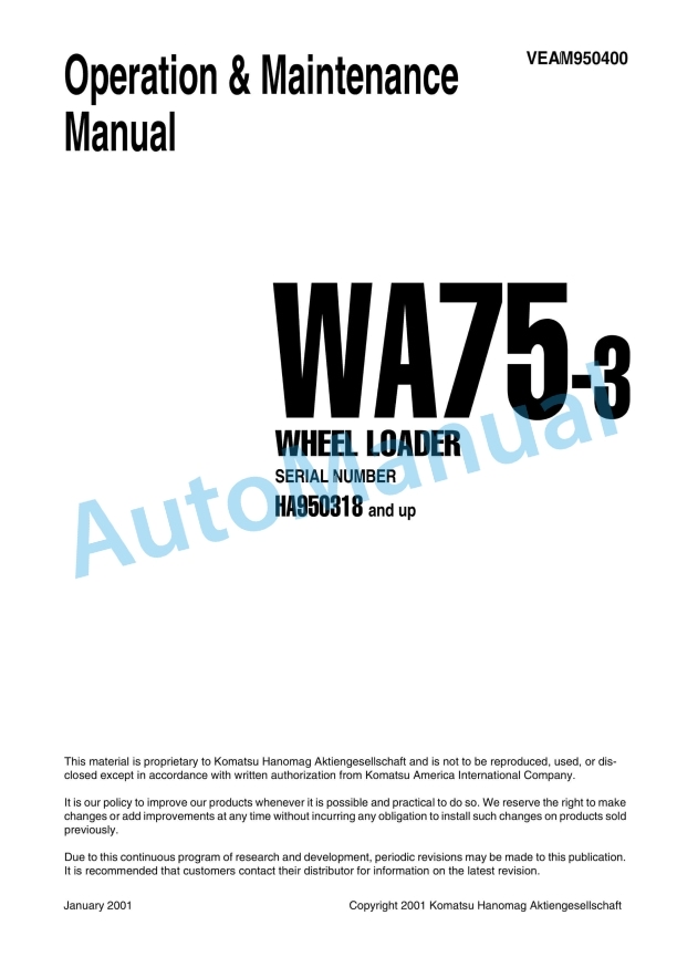 Komatsu WA75-3 Wheel Loader Operation and Maintenance Manual VEAM950400
