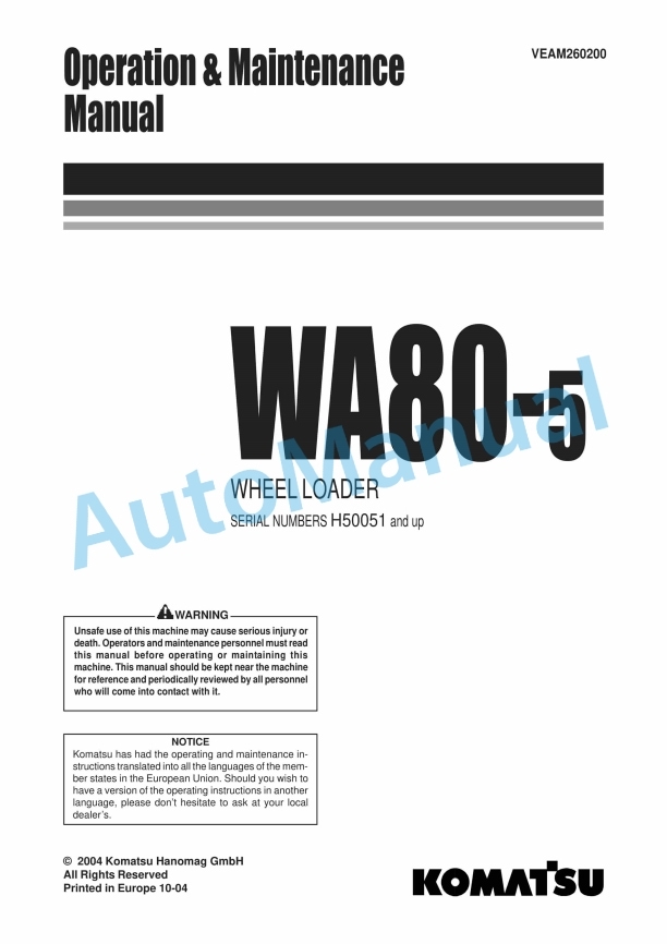 Komatsu WA80-5 Wheel Loader Operation and Maintenance Manual VEAM260200