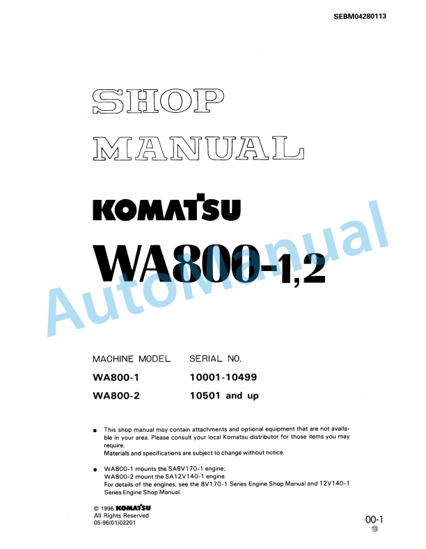 Komatsu WA800-1, WA800-2 Wheel Loader Shop Manual SEBM04280113
