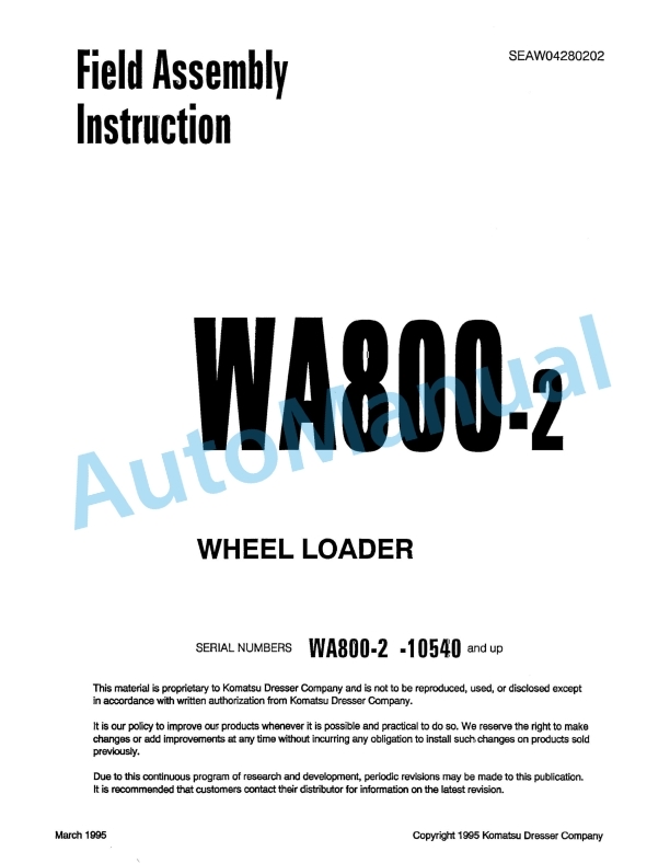 Komatsu WA800-2 Wheel Loader Field Assembly Manual SEAW04280202