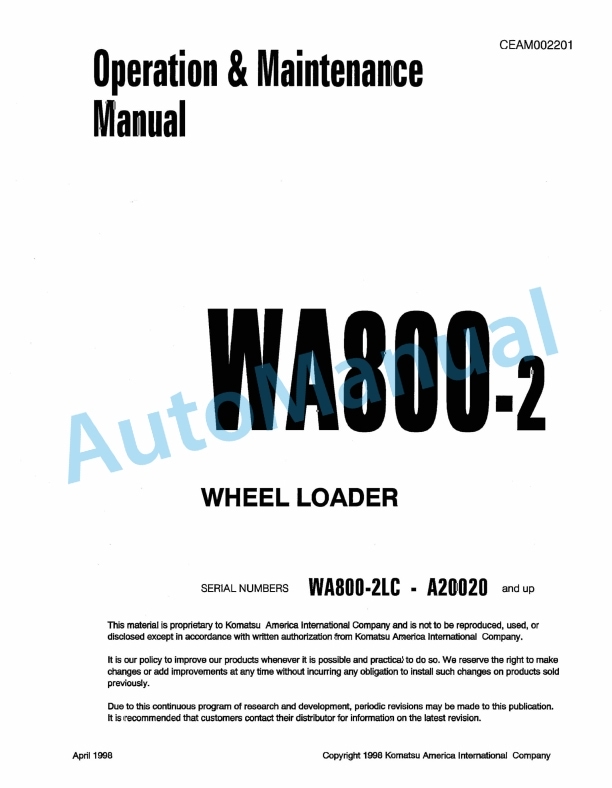 Komatsu WA800-2 Wheel Loader Operation and Maintenance Manual CEAM002201