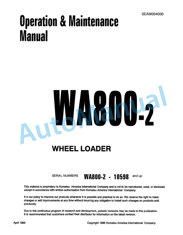 Komatsu WA800-2 Wheel Loader Operation and Maintenance Manual SEAM004000
