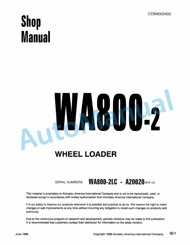 Komatsu WA800-2 Wheel Loader Shop Manual CEBM002400