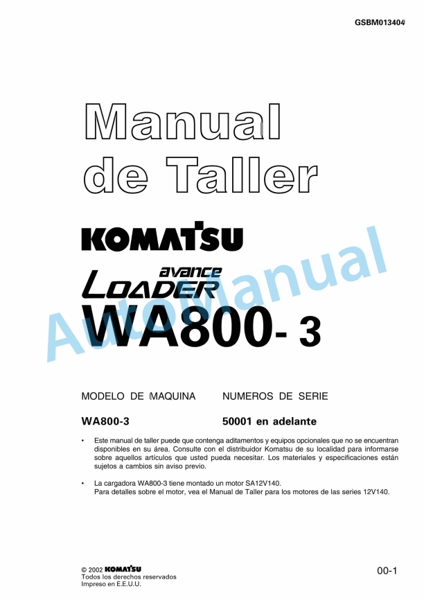 Komatsu WA800-3 Avance Loader Shop Manual GSBM013404
