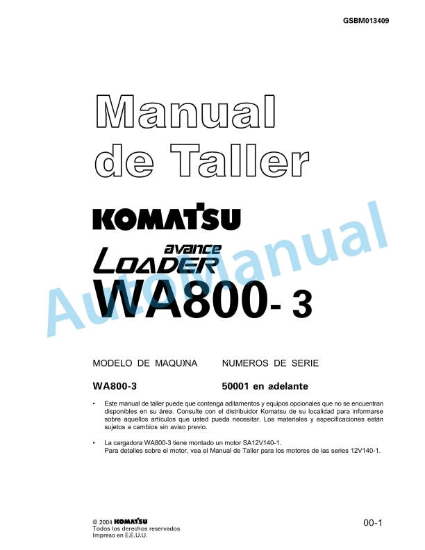 Komatsu WA800-3 Avance Loader Shop Manual GSBM013409