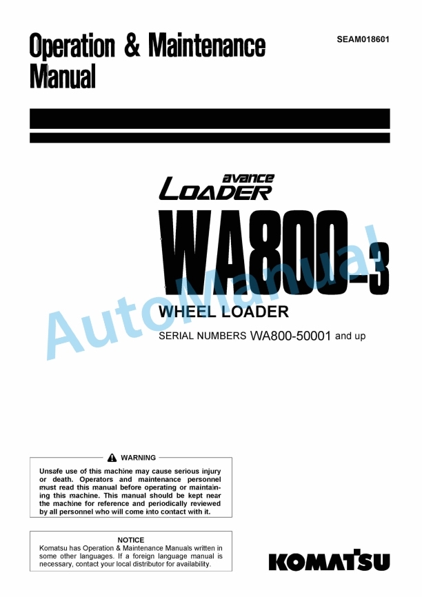 Komatsu WA800-3 Avance Wheel Loader Operation and Maintenance Manual SEAM018601