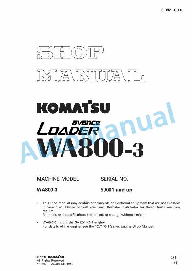 Komatsu WA800-3 Avance Wheel Loader Shop Manual SEBM013416