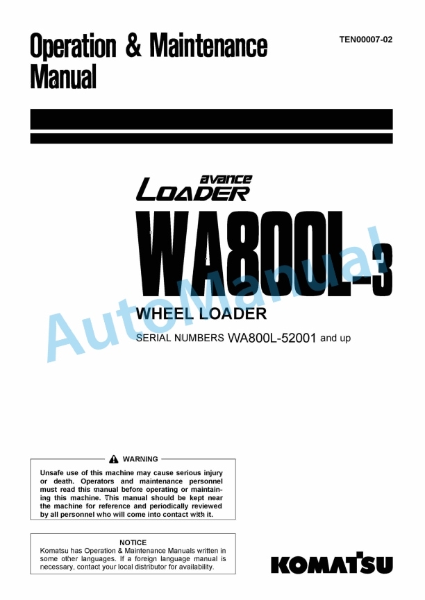 Komatsu WA800L-3 Avance Wheel Loader Operation and Maintenance Manual TEN00007-02