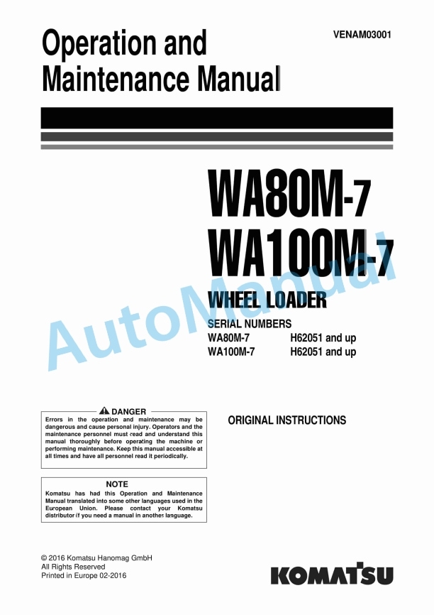 Komatsu WA80M-7, WA100M-7 Wheel Loader Operation and Maintenance Manual VENAM03001