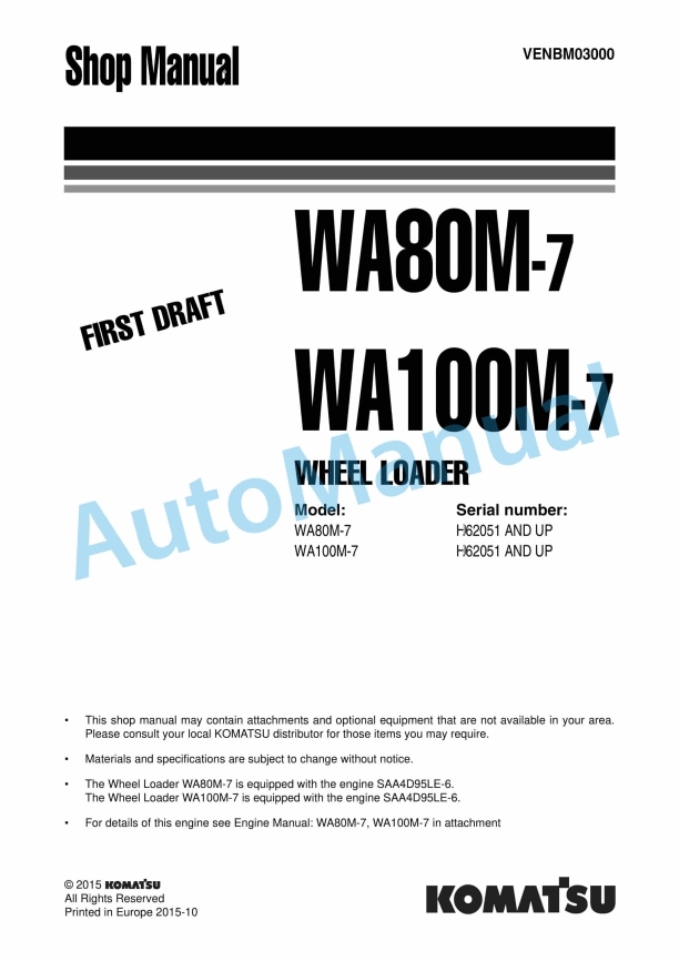 Komatsu WA80M-7, WA100M-7 Wheel Loader Shop Manual VENBM03000