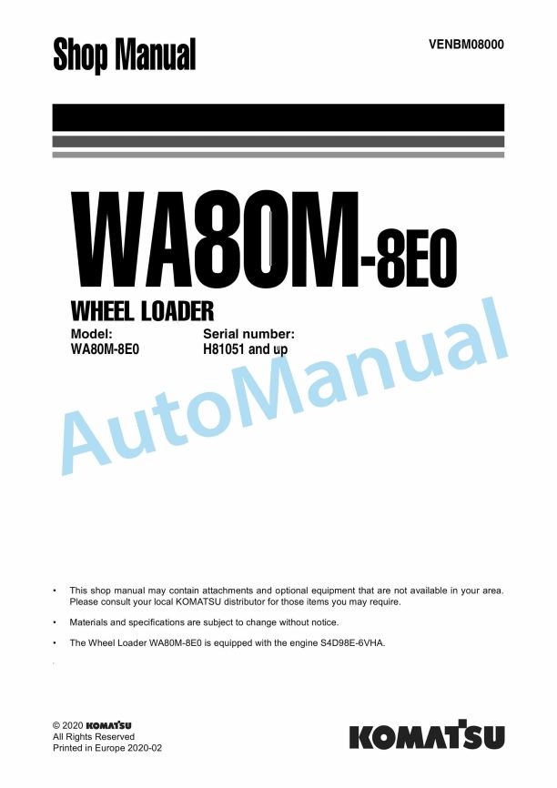 Komatsu WA80M-8E0 Wheel Loader Shop Manual VENBM08000