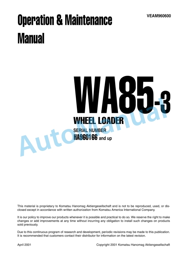 Komatsu WA85-3 Wheel Loader Operation and Maintenance Manual VEAM960600