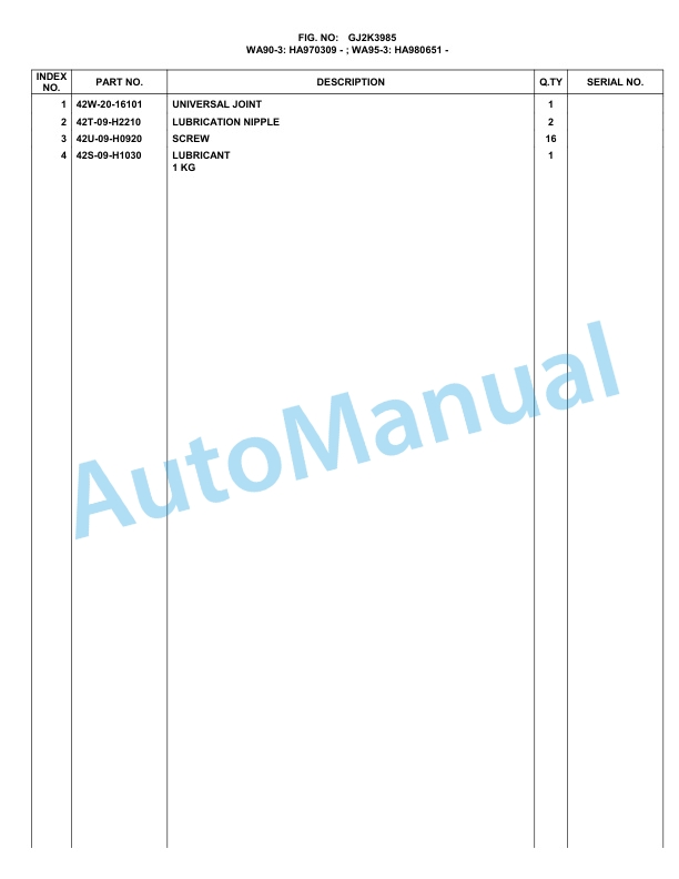 Komatsu WA90-3, WA95-3 30km_h Options Parts Manual WA9095S2-3