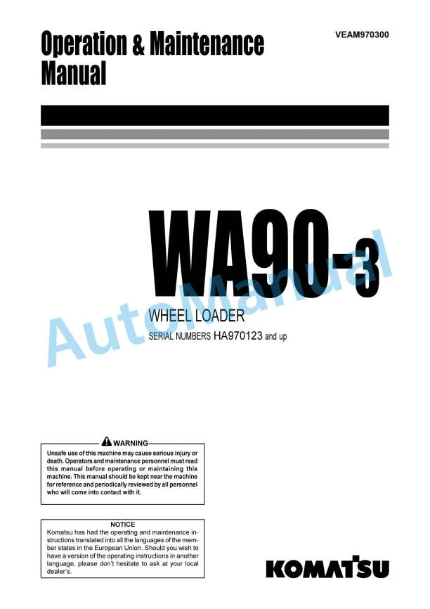 Komatsu WA90-3 Wheel Loader Operation and Maintenance Manual VEAM970300
